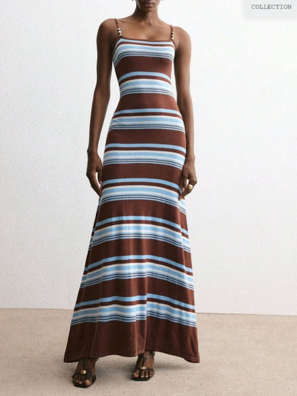 Brown & Blue Striped Knit Maxi Dress with Beaded Straps